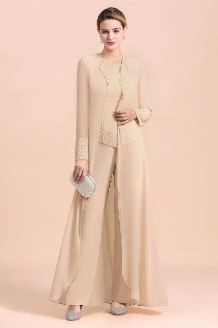Champagne Long Chiffon Mother of the Bride Dress Two Pieces With Jacket