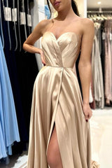 Champagne Simple Long Satin Sleeveless Evening Dresses With Slit