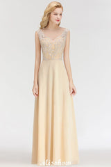 Champagne Sleeveless A-Line Crystal Jewel Bridesmaid Dresses Floor Length Party Dress