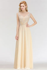 Champagne Sleeveless A-Line Crystal Jewel Bridesmaid Dresses Floor Length Party Dress