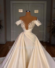 Charming A-Line Off-the-shoulder Cathedral V-neck Long Wedding Dress