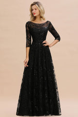 Charming Black Half Sleeves Tulle Sequins Evening Dress 20s Aline Prom Dress