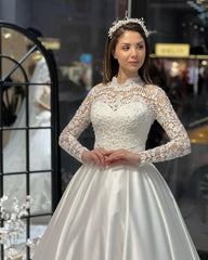 Charming Floor Length Crew Long Sleeves A-Line Satin Wedding Dress with Ruffles