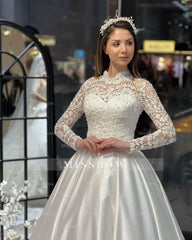 Charming Floor Length Crew Long Sleeves A-Line Satin Wedding Dress with Ruffles