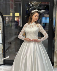 Charming Floor Length Crew Long Sleeves A-Line Satin Wedding Dress with Ruffles