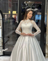 Charming Floor Length Crew Long Sleeves A-Line Satin Wedding Dress with Ruffles
