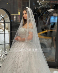 Charming Floor Length Off-The-Shoulder A-Line Sequined Wedding Dress with Court Train