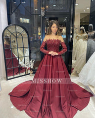 Charming Floor Length Strapless Long Sleeves A-Line Satin Wedding Dress with Ruffles