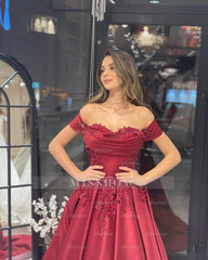 Charming Floor Length Sweetheart Off-The-Shoulder A-Line Satin Wedding Dress with Appliques