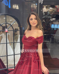 Charming Floor Length Sweetheart Off-The-Shoulder A-Line Satin Wedding Dress with Appliques