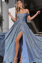 Charming Floor Length Sweetheart Off-The-Shoulder A Line Sequined Prom Dress with Split