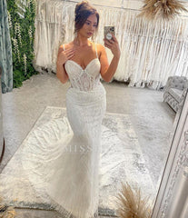 Charming Floor Length Sweetheart Sleeveless Spaghetti Straps Mermaid Wedding Dress with Chapel Train