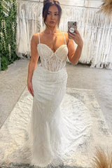 Charming Floor Length Sweetheart Sleeveless Spaghetti Straps Mermaid Wedding Dress with Chapel Train