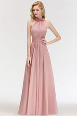 Charming Halter Sleeveless Ruffled Chiffon Bridesmaid Dresses Aline Evening Maxi Gown