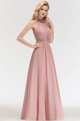 Charming Halter Sleeveless Ruffled Chiffon Bridesmaid Dresses Aline Evening Maxi Gown