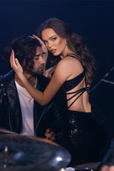 Charming Long Mermaid V-neck Straps Sequined Sleeveless prom Dress With Slit