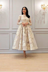 Charming Long Sleeves Floral A-line Evening Dress Ankle Length Party Dress