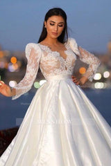 Charming Long Sleeves V-neck Satin Wedding Dress with Lace