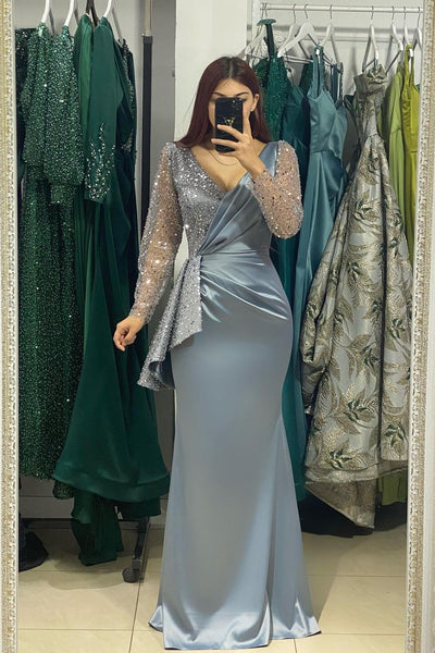 Elegant V-Neck Mermaid Prom Dress with Shimmering Long Sleeves and Beading