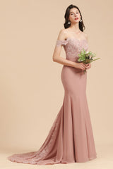 Charming Off the Shoulder Lace Mermaid Party Gown Slim Bridesmaid Dress