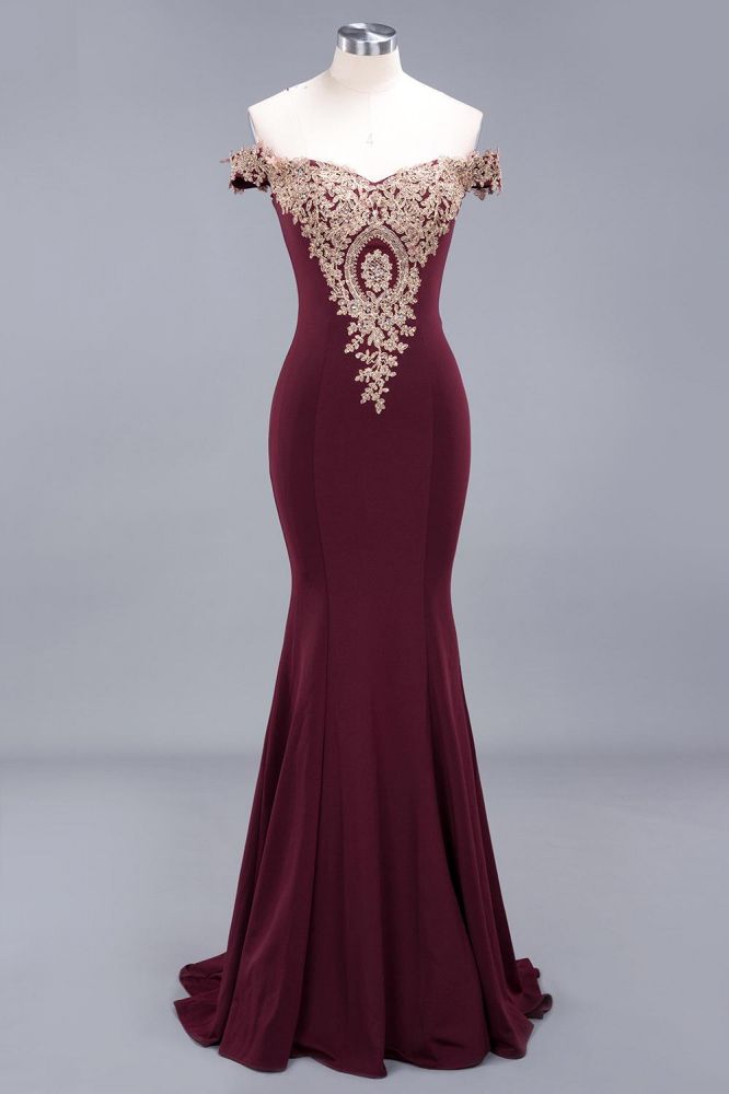 Charming Off-The-Shoulder Mermaid Gold Appliques Prom Dress Slim Floor-Length Evening Gown
