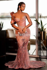 Charming One Shoulder Mermaid Prom Dress Glitter Sequins Pearl Sweetheart Evening Dress