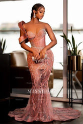 Charming One Shoulder Mermaid Prom Dress Glitter Sequins Pearl Sweetheart Evening Dress