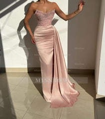 Charming Pink Strapless Sequined Satin Prom Dress with Ruffles