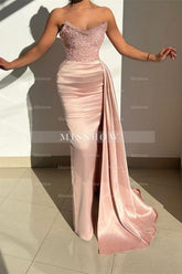 Charming Pink Strapless Sequined Satin Prom Dress with Ruffles