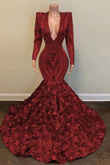 Charming Red V-neck Long Sleeve Floor-length Sequins Flowers Mermaid Prom Dresses