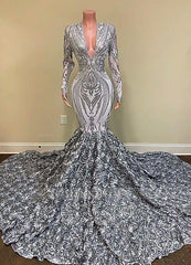 Charming Silver V-neck Long Sleeve Flowers Floor-length Mermaid Prom Dresses