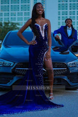 Charming V-Neck Velvet Mermaid Prom Dress Beadings Side Slit Party Dress