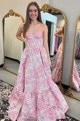 Chic Blue Floral Sweetheart A-Line Long Corset Prom Dress