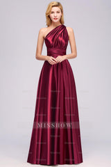 Chic Burgundy Satin Long Bridesmaid dresses With One Shoulder