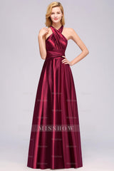 Chic Burgundy Satin Long Bridesmaid dresses With One Shoulder