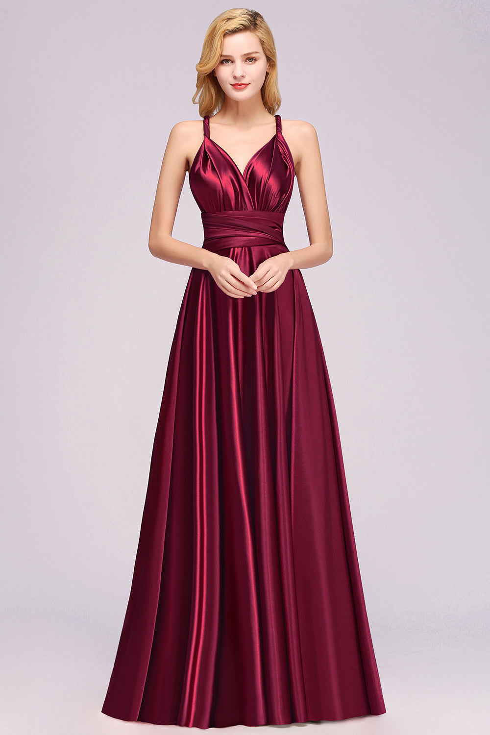 Chic Burgundy Satin Long Bridesmaid dresses With One Shoulder