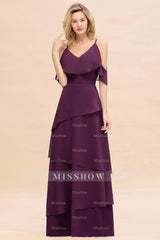 Chic Cold-Shoulder Layers Grape Chiffon Bridesmaid Dresses Affordable