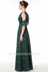 Chic Cold-shoulder Ruffle Dark Green Chiffon Bridesmaid dresses