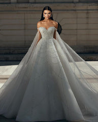 Chic Floor Length Sweetheart Off-The-Shoulder A-Line Sequined Wedding Dress