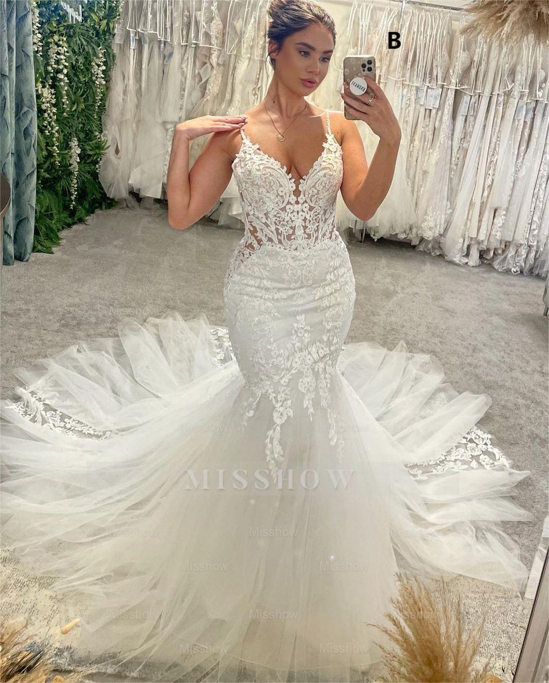 Chic Floor Length V-Neck Spaghetti Straps Sleeveless Mermaid Wedding Dress with Chapel Train