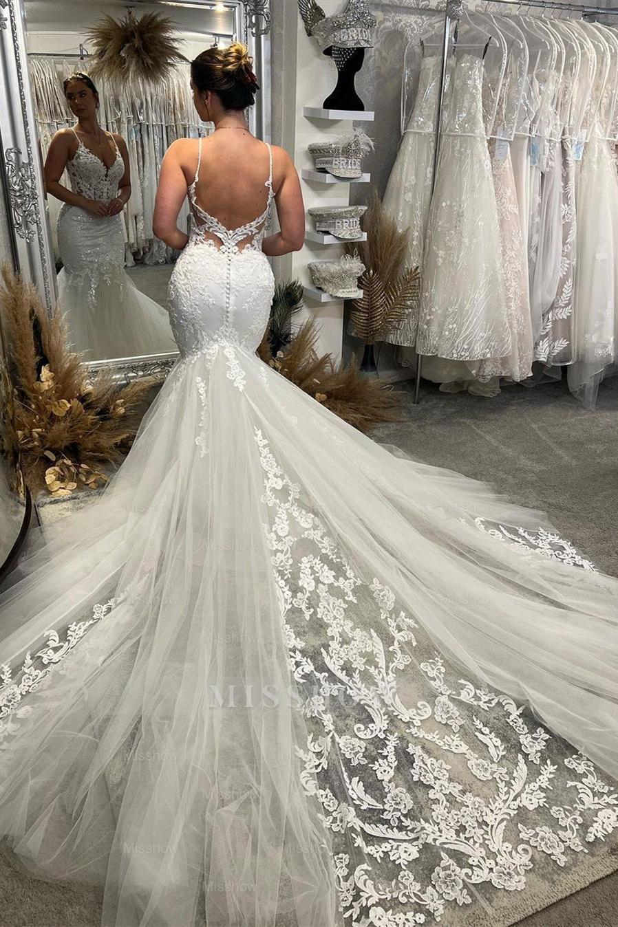 Chic Floor Length V-Neck Spaghetti Straps Sleeveless Mermaid Wedding Dress with Chapel Train