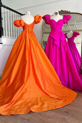 Chic Fuchsia Puff Sleeves A-Line Ruched Long Prom Dress with Bow