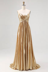 Chic Gold Metallic Satin Deep V Neck Pleated A Line Long Prom Dress