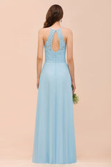 Chic Halter Sleeveless Affordable Sky Blue Bridesmaid Dresses with Lace