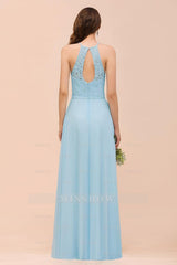 Chic Halter Sleeveless Affordable Sky Blue Bridesmaid Dresses with Lace