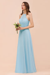 Chic Halter Sleeveless Affordable Sky Blue Bridesmaid Dresses with Lace