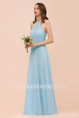 Chic Halter Sleeveless Affordable Sky Blue Bridesmaid Dresses with Lace