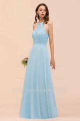Chic Halter Sleeveless Affordable Sky Blue Bridesmaid Dresses with Lace