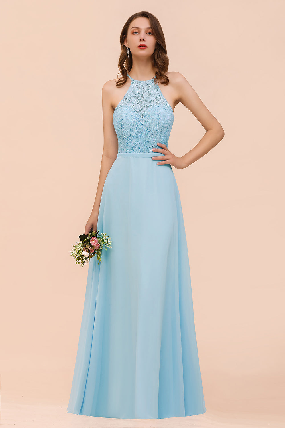 Chic Halter Sleeveless Affordable Sky Blue Bridesmaid Dresses with Lace