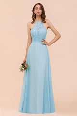 Chic Halter Sleeveless Affordable Sky Blue Bridesmaid Dresses with Lace
